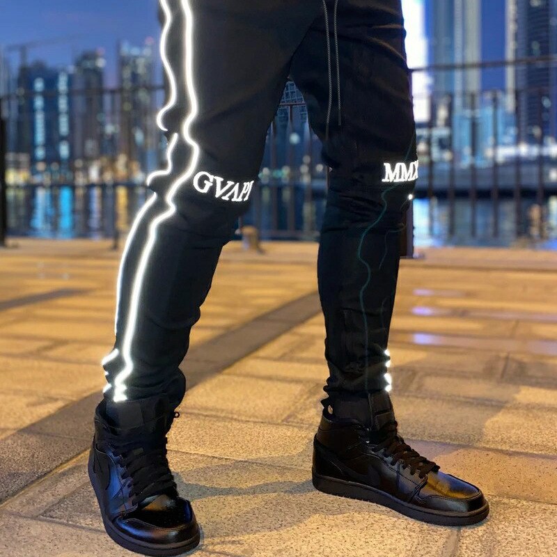 Reflectantes deportes Pantalones para correr de hombres Fitness camisetas ropa deportiva pantalones de gimnasio músculo para hombre Pantalones de entrenamiento Fitness: Black / XXXL