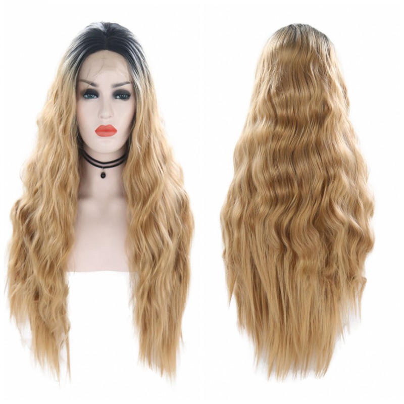 Alegria & beleza 26 "preto bege cinza marrom natural onda de água cabelo feminino maquiagem festa de casamento presente sintético rendas frente perucas diárias: 24 polegadas / Brown