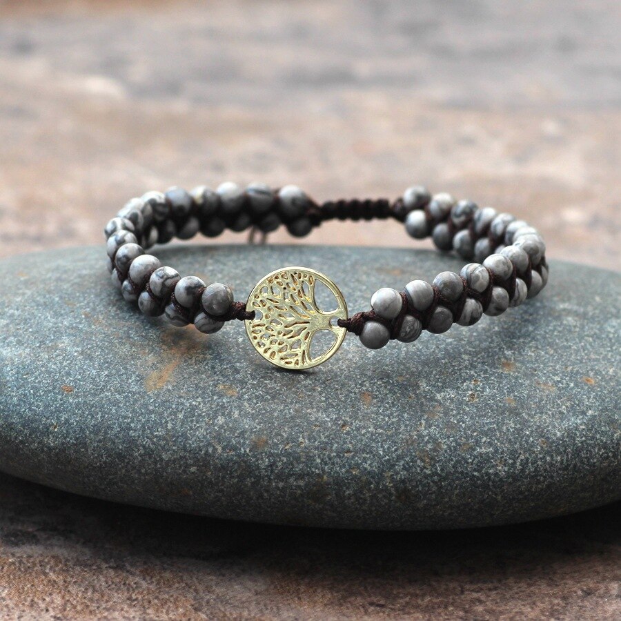 Árvore de pedra natural da vida yoga chakras contas frisado pulseiras corda de couro artesanal tecido wrap pedra ajustável casal pulseira