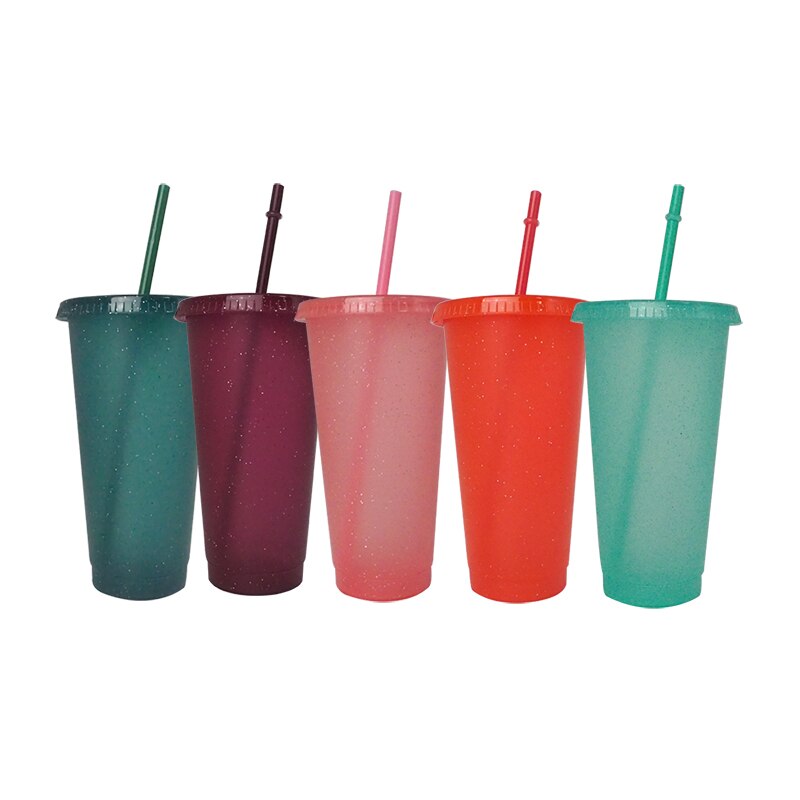 5Pcs/Set Reusable Straw Cup Sequined Glitter Cup Plastic Tumbler With Lid Reusable Plastic Cup Tumbler Cup