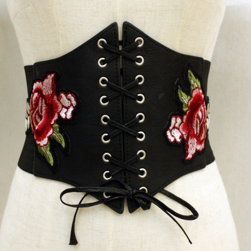 Fashionable Women’s Lace Tie Up Corset Ladies Wide Waist Waistband Rose Embroidered Black Leather Belt