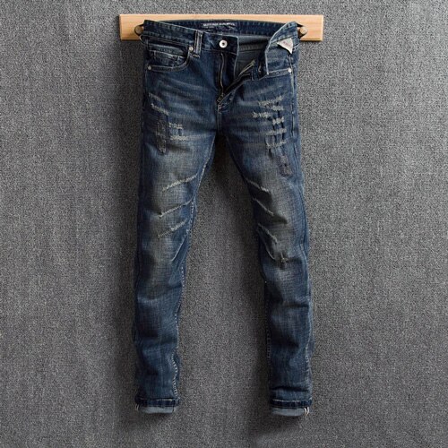 Streetwear hombre Jeans azul oscuro Slim Fit Retro rasgado Jeans hombres Denim Pantalones desgastados Vintage Hip Hop Jeans: 36