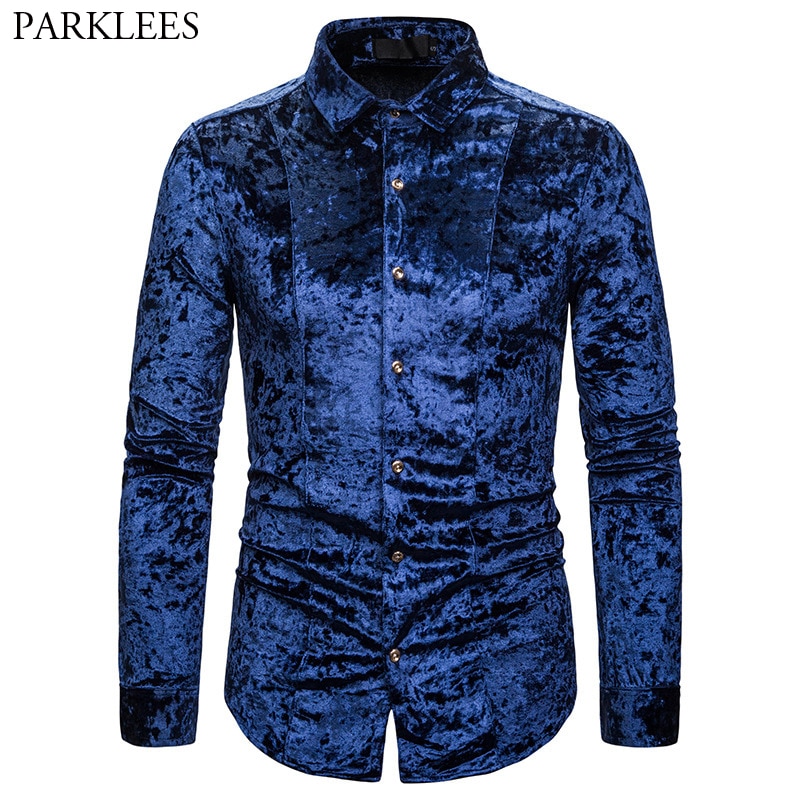 Królewski niebieski aksamit welurowa koszula mężczyzna 2019 jesień nowy slim fit z długim rękawem męskie ubranie koszule Casual w całości zapinana na guziki koszulka Homme