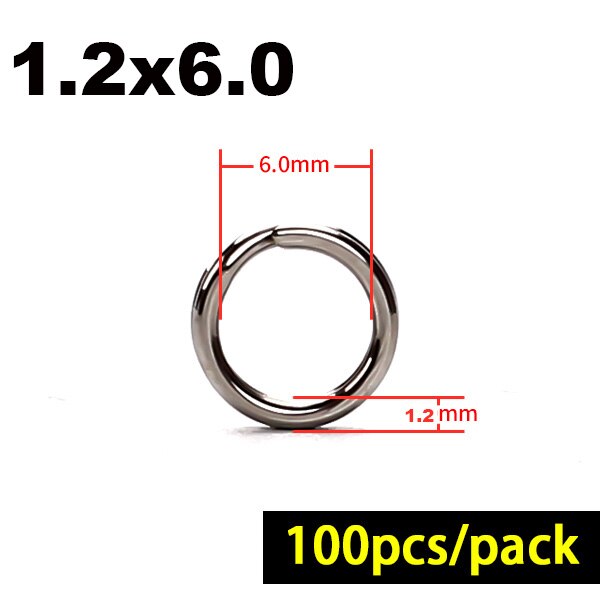 100 st/lot fiskeringar delade ringar i rostfritt stål förstärker solida ringdrag anslutande ringfisketillbehör: 1.2 mmx 6.0mm