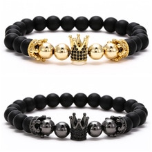 Pulsera de cobre hecha a mano para hombre y mujer, Micro CZ King crown, cuentas elásticas de 8mm, brazalete de joyería,