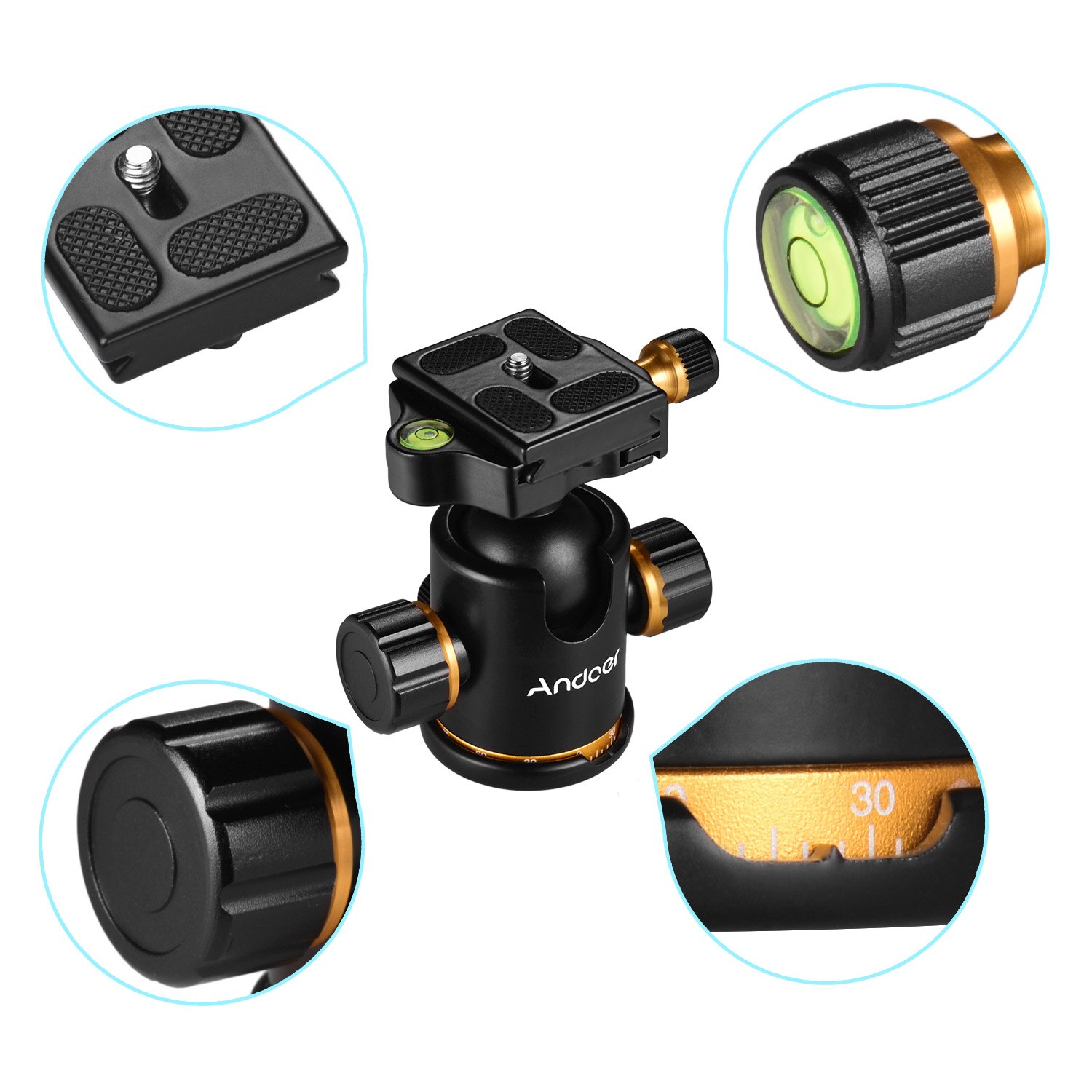 Andoer Aluminium Alloy Panoramic Tripod Ball Head Ballhead Mount Adapter 360° Rotating with Quick Release Plate