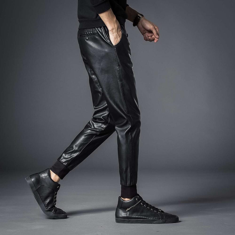 Idopy Men`s Faux Leather Joggers Pants Elastic Waist Motorcycle Biker Black PU Leather Soft Trousers