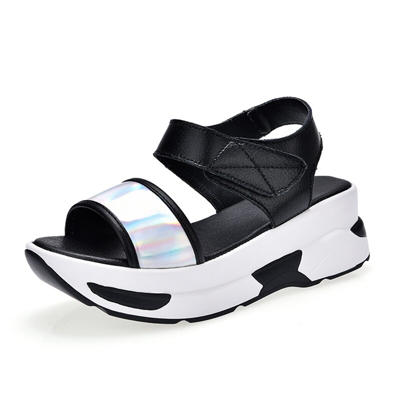 EOFK Summer Fashion damskie sandały na platformie kobieta ze skóry lakierowanej klinowa pętla na co dzień otwarte solidne sandały na płaskim obcasie: silver 001 / 8