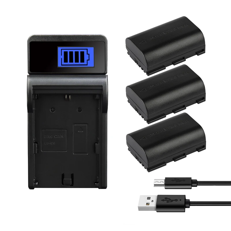 LP-E6 LP E6 cargador de batería para Canon EOS 5DS 5D 6D 7D 60D 60Da 70D Mark II Mark III 80D XC10 DSLR LPE6 2200mAh baterías: Negro