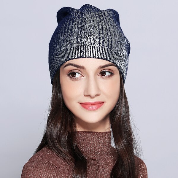 Vrouwen Hoeden Shining Wol Gebreide Herfst Winter Brand Hoed Vrouwelijke Skullies Mutsen Bonnet # MZ715: Navy Blue
