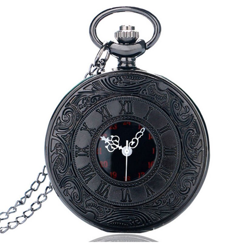 Zwart Pocketwatch Vintage Charmunisex Mode Romeinse Aantal Quartz Steampunk Zakhorloge Vrouwen Man Ketting Hanger Met Ketting
