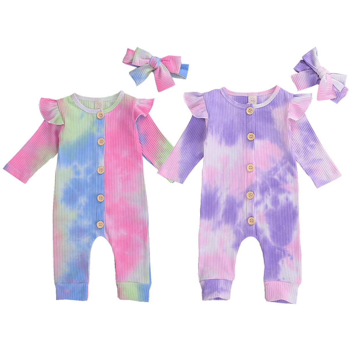 Mise au point 0-18M automne bébé filles garçons cravate-teinture barboteuses 2 couleurs à manches longues simple boutonnage combinaisons bandeau