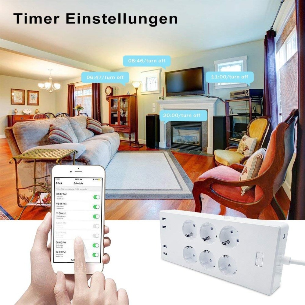 Smart strømskinne med 6 ac stikkontakter 4 usb-porte overspændingsbeskytter, med timingfunktion stemmestyring fungerer med alexa google home