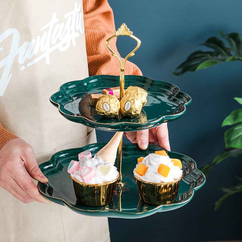 Assiette à brochette en céramique, vert foncé, européenne, thé de l&#39;après-midi, anniversaire, plateau à fruits, plat à Dessert, plateau à pâtisserie à deux ou trois niveaux