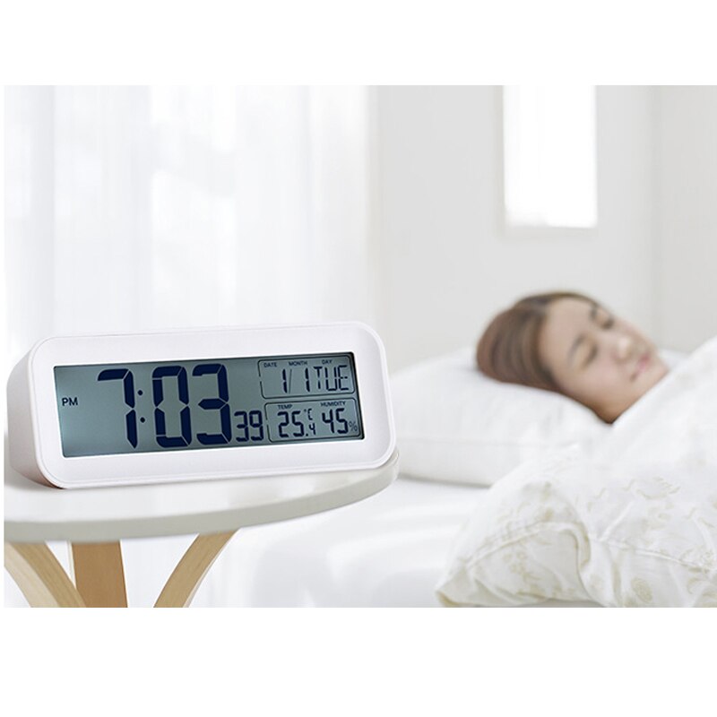 Mærke batteri strøm 12/24 timer snooze vækkeur, blå baggrundsbelysning temperatur luftfugtighed stort antal display bordur