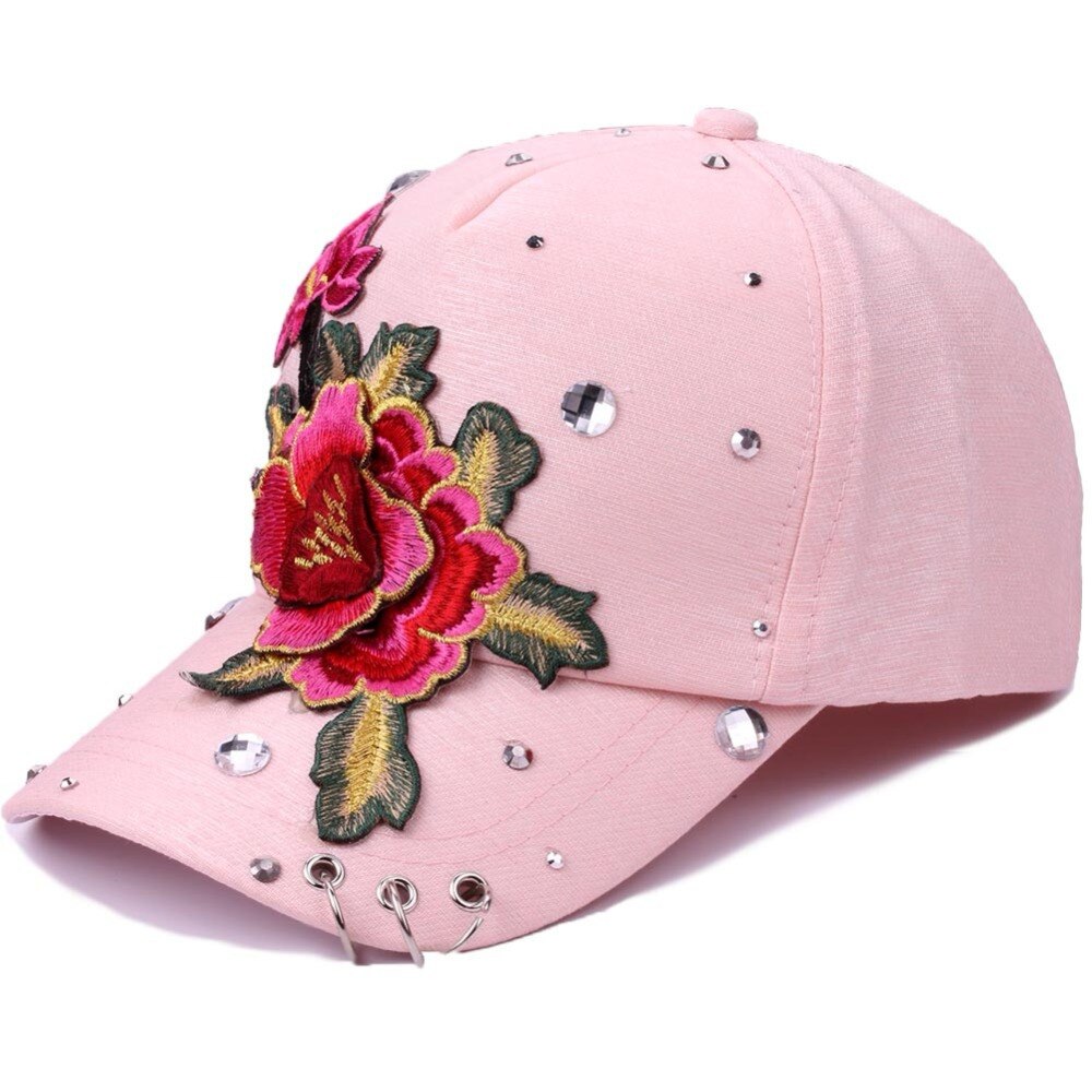 ¡Novedad de ! gorra de béisbol informal para adultos con bordado de flores, gorra de verano para mujer de Hip Hop, gorra con remaches y diamantes de imitación con anillo