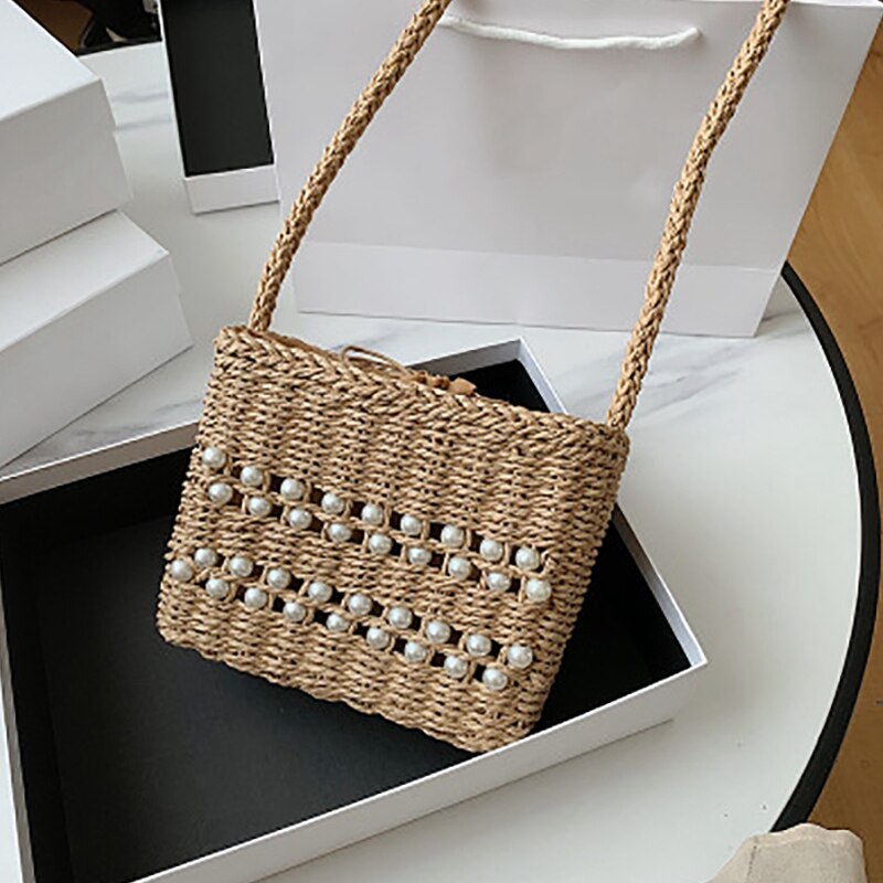 All-match fritid semester strand pärla väska dam liten fyrkantig väska halm axelväska handväska