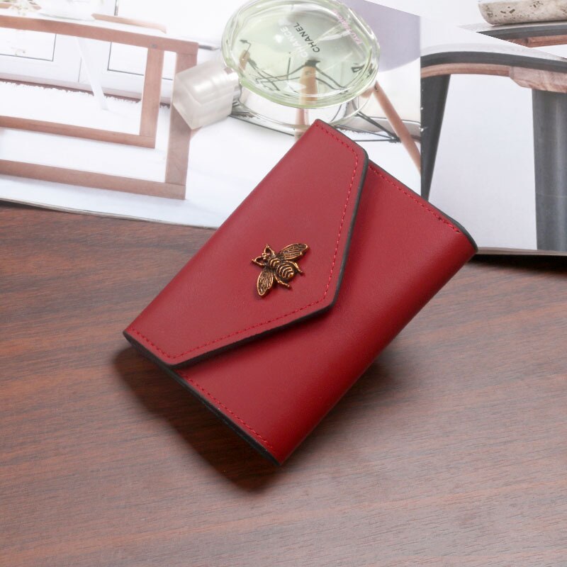 Bee Wallet Women Short Tri-Fold Small Purse Card Case Simple Ladies Female Style PU Leather: red