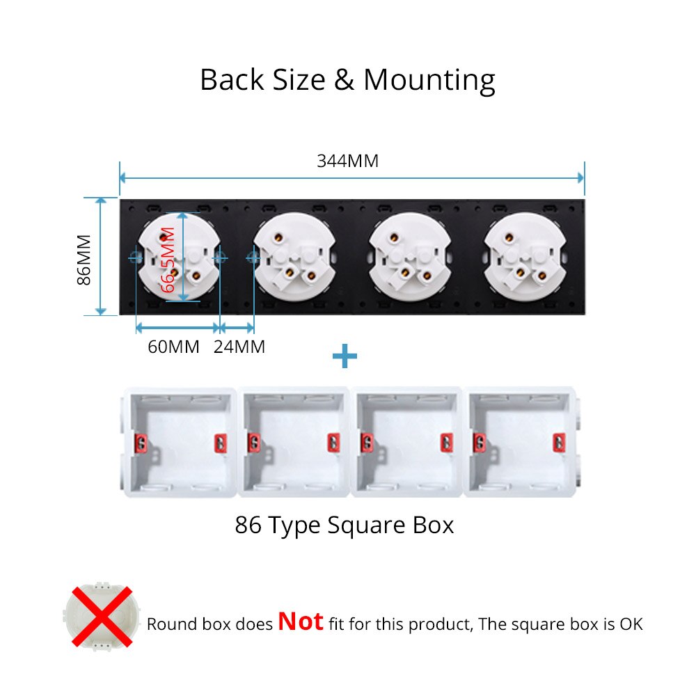 Wallpad S6 DIY Quadrup 4 Way Black Panel Brushed PC For Wall Switch Socket Imitating Aluminum Plate Free Combination, 344*86mm