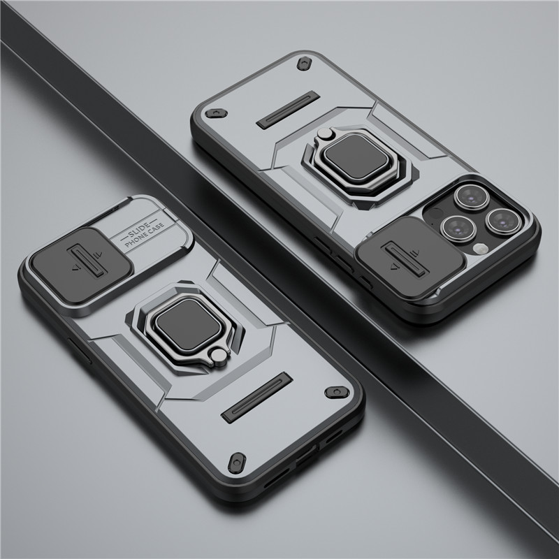 For iPhone 15 Pro Max Cover iPhone 13 14 15 Pro Max Case Lens Sliding Window Protector Armor Shockproof Holder Magnetic Bumper: Genuine leather / GRAY
