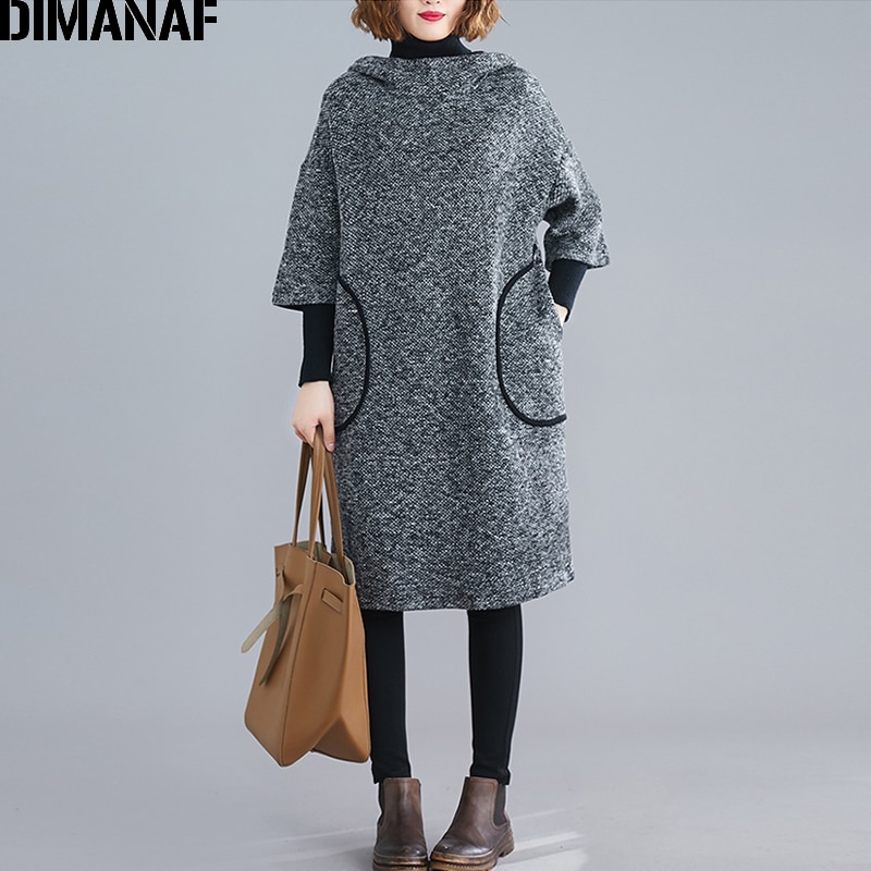 DIMANAF Plus Size Vrouwen Jurk Vintage Herfst Winter Dikke Oversized Losse Vrouwelijke Vestidos Casual Capuchon Zakken Knielange Jurk