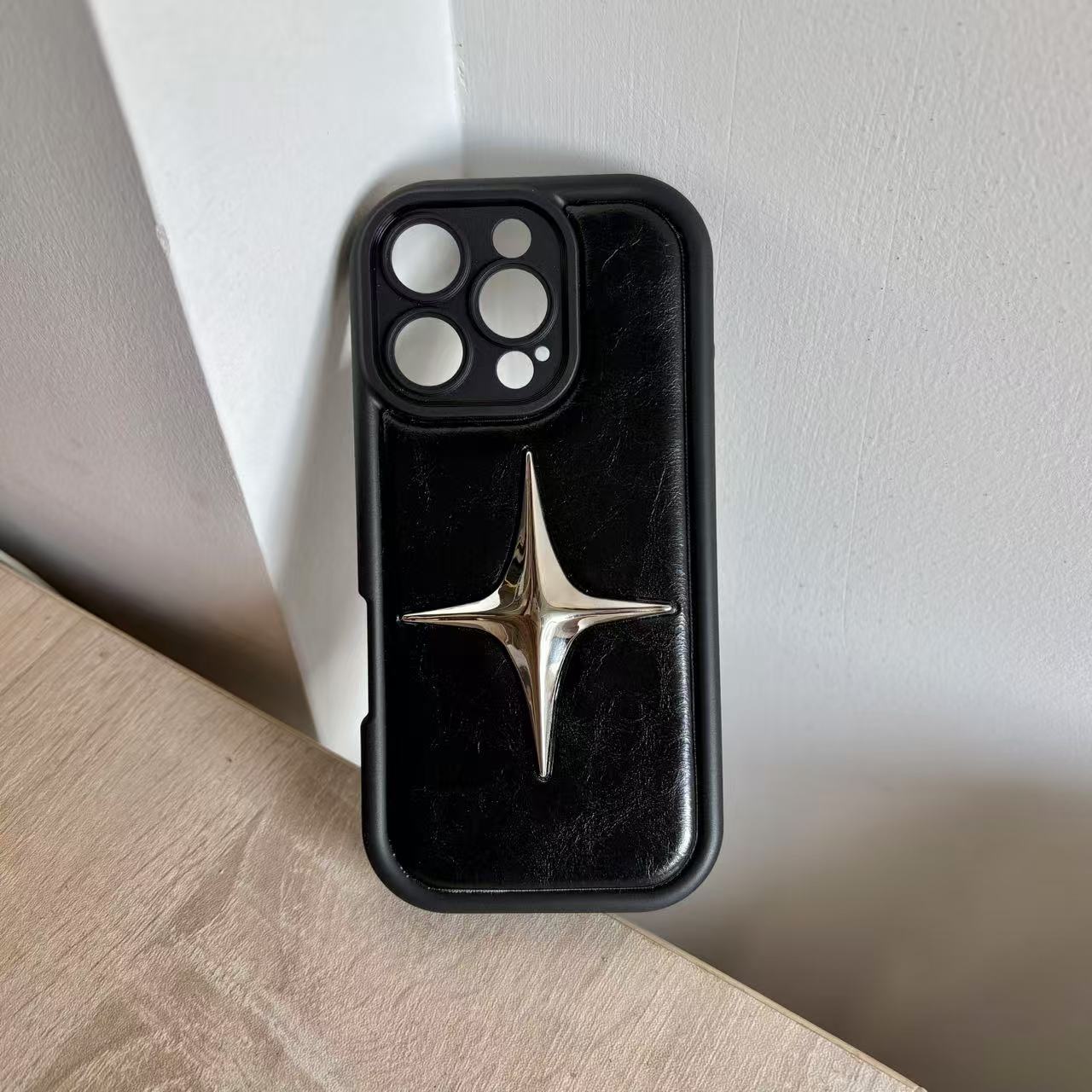 Luxe Metalen Ster PU Lederen Telefoon Cover Case Voor iPhone 16 15 14 13 12 11 Pro Max schokbestendig Beschermende Mannen Vrouwen Stijlvolle Gevallen