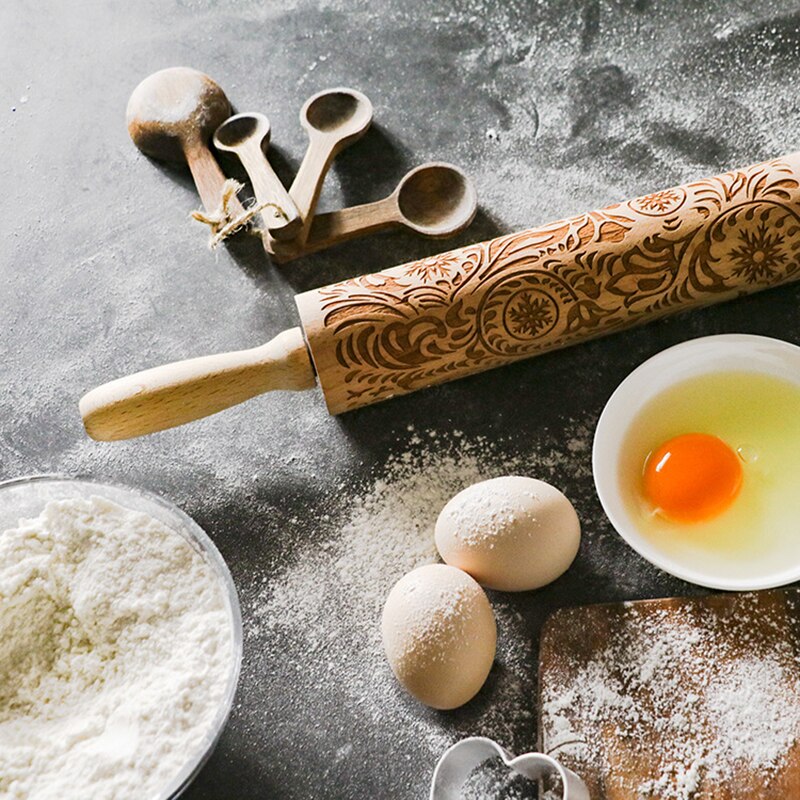 Reliëf deegroller kerstbloem hout gegraveerd bakkoekjes pinnen voor pizza klei pasta koekjesdeegroller