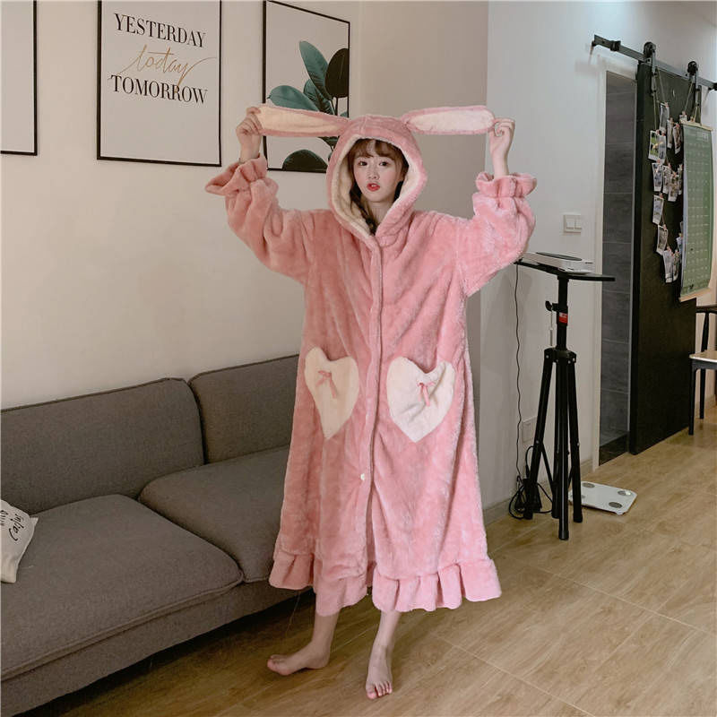 Túnicas de franela con capucha para mujer, ropa cálida y suave con bolsillos en forma de corazón, color rosa, de terciopelo, gruesa, Kawaii, para el hogar, estudiantes de estilo coreano diario