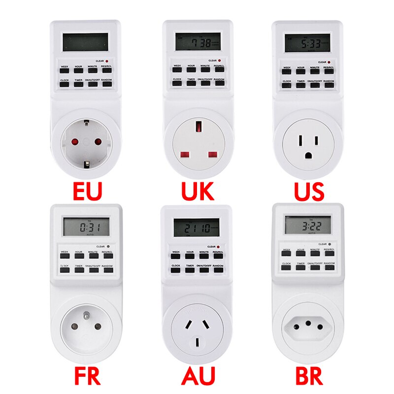 Elektronisk digital timer kontakt stik 24 timer cyklisk eu uk au us br fr stik køkken timer udtag programmerbart tidsindtag