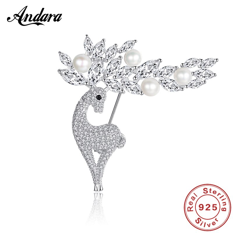 Nova chegada 925 prata esterlina jóias broche moda girafa 3a zircon pérola broche para feminino jóias de qualidade superior