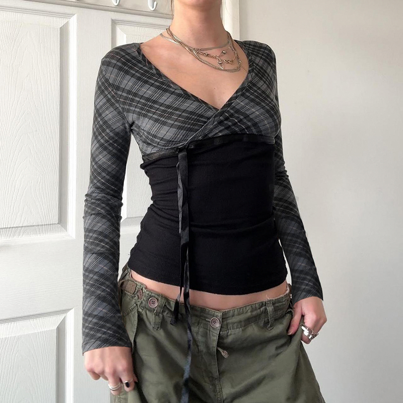 Iamhotty ternet patchwork-top i engelsk stil med v-hals og lange ærmer, koket æstetisk t-shirts med bindebånd og sløjfe i taljen