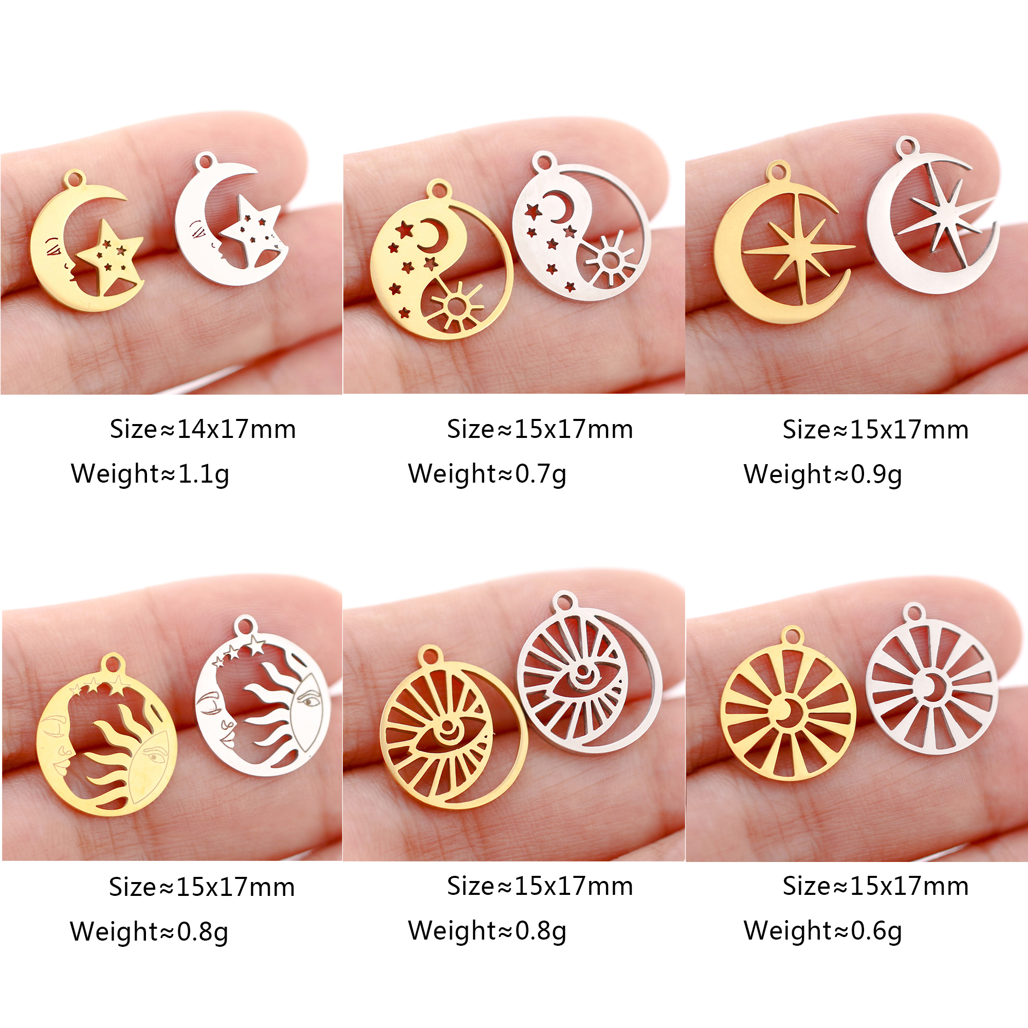 5 unids/lote de colgantes de acero inoxidable con forma de luna/sol/estrella para pulsera, collar, accesorios para hacer joyas DIY hechos a mano