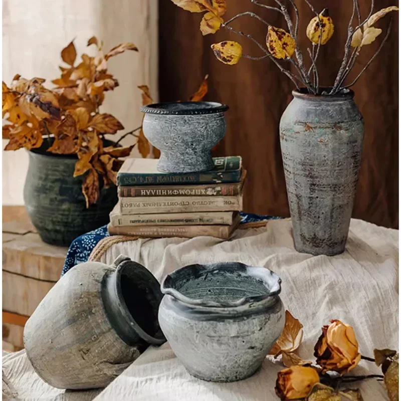 Maceteros antiguos de cerámica desgastada, jarrones de arcilla rústica para decoración de balcón, adornos prácticos de escritorio de oficina sin tiempo