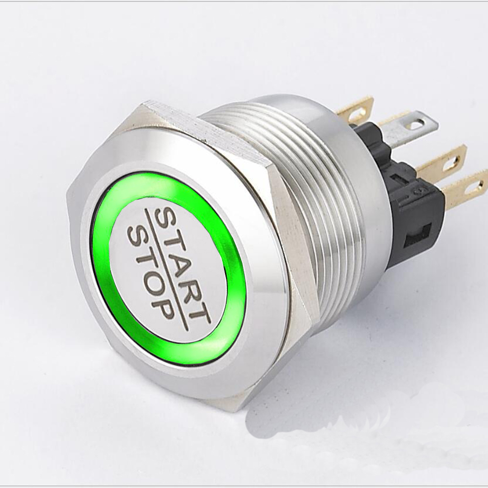 22mm 25mm 30mm Momentary Waterproof Metal START STOP Start Engine Electric Switch 3V 6V 12V 24V Green Red Ring Led: green / 6V / UK Standard