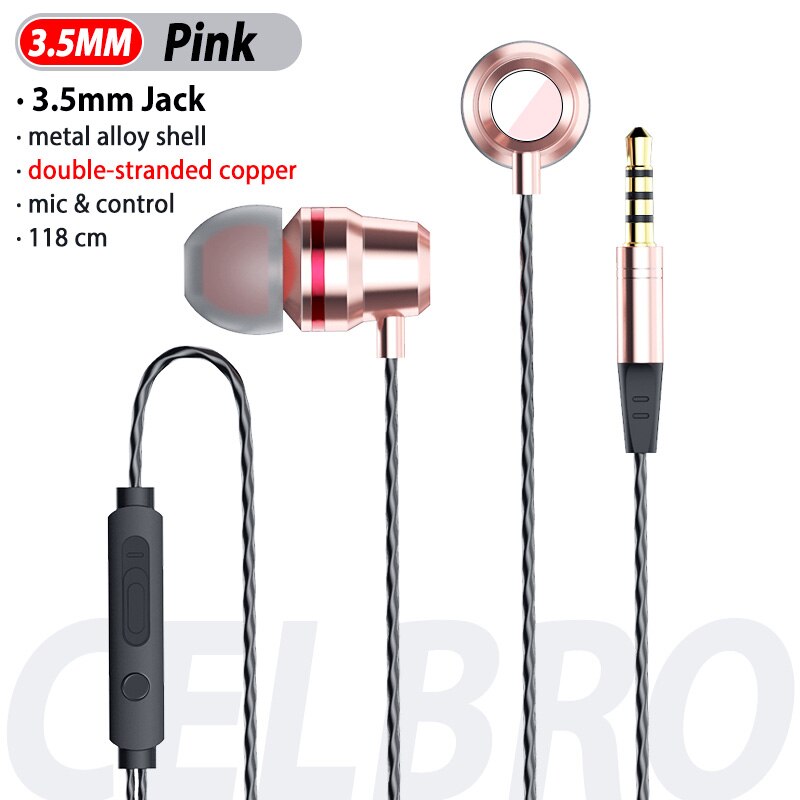 Auriculares con cable Tipo C, Auriculares internos profesionales con micrófono para Xiaomi Realme, Huawei y Samsung: pink 3.5mm plug