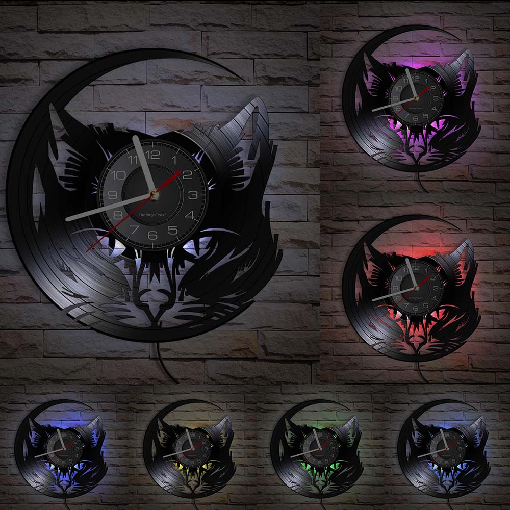 Meow gato cabeça relógio de parede preto gato vinil registro relógio de parede arte gato loja decoração do vintage animais gato amante casa decorativa relógio: With LED