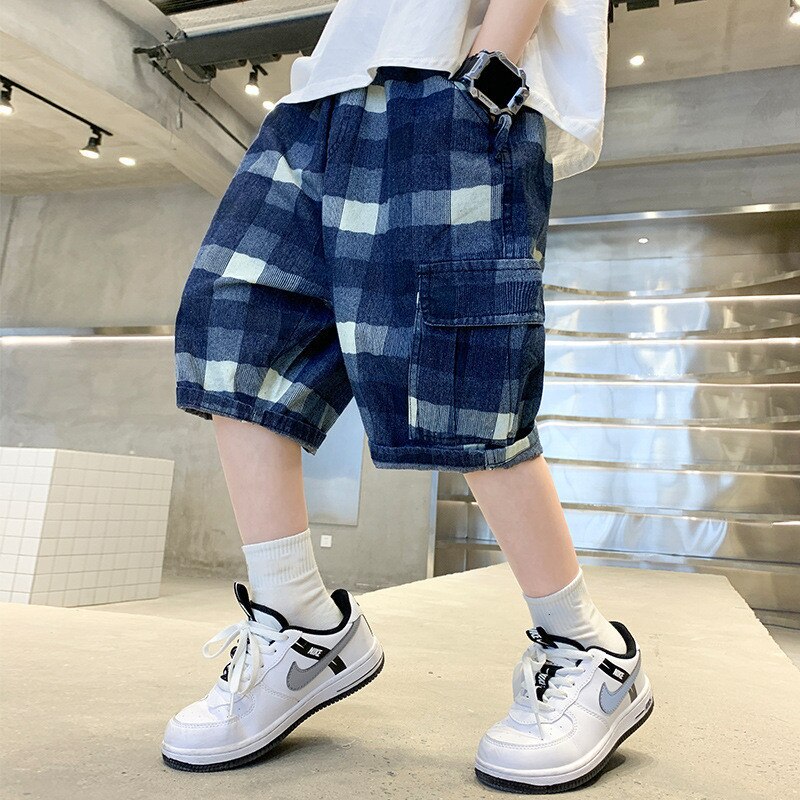 Summer Kids Shorts Boys Denim Shorts Children Short Plaid Jeans Children Pants Boys Shorts Teen Casual Clothing 8 10 12Y