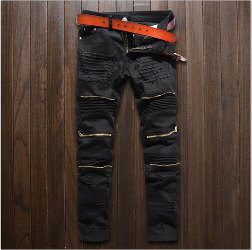 Skinny Jeans Mannen White Ripped Knie Rits Mode Casual Slim Fit Biker Jeans Hip Hop Vernietigen Stretch Denim Broek Motorfiets: B1009 black / 36