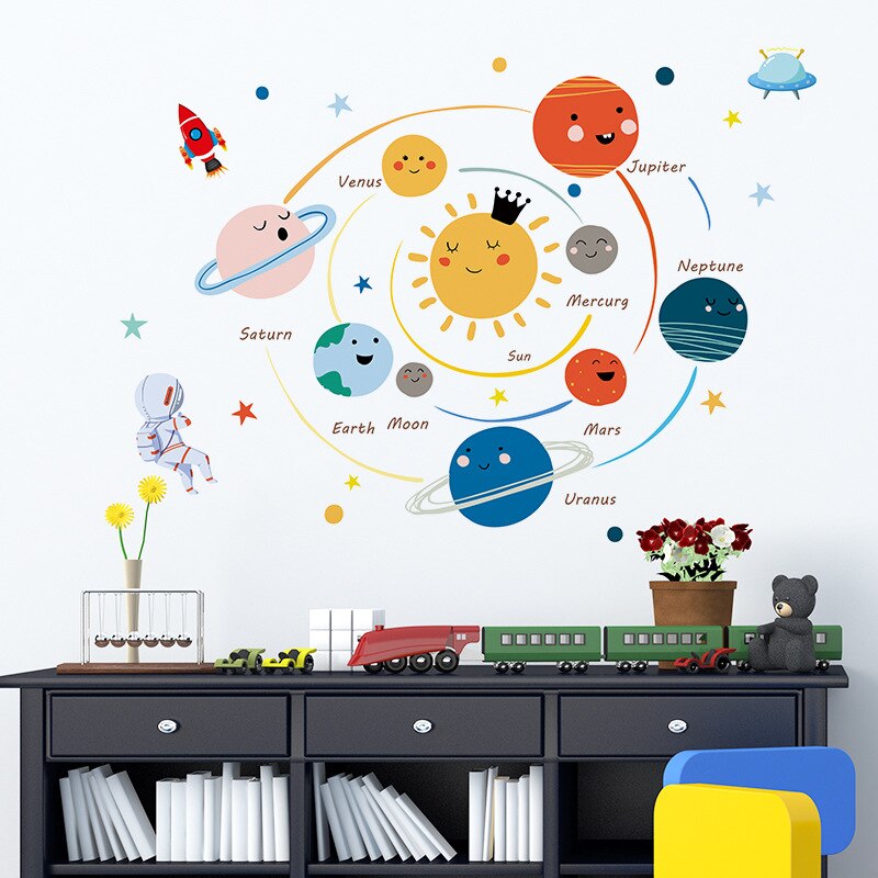 Cartoon Solar System Planets Wall Sticker Child Kids Room Home Decoration Mural Removable Wallpaper Bedroom Nursery Stickers