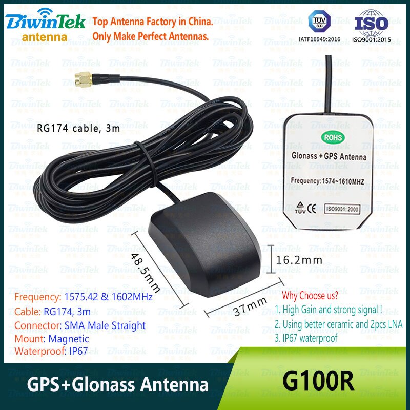 GPS Antenna GNSS BeidouGlonassGalileo External Internal ReceiverVehicleCarNavigation HighGainStrong SMAMale RG174 IP67 Magnet 3M: G100R