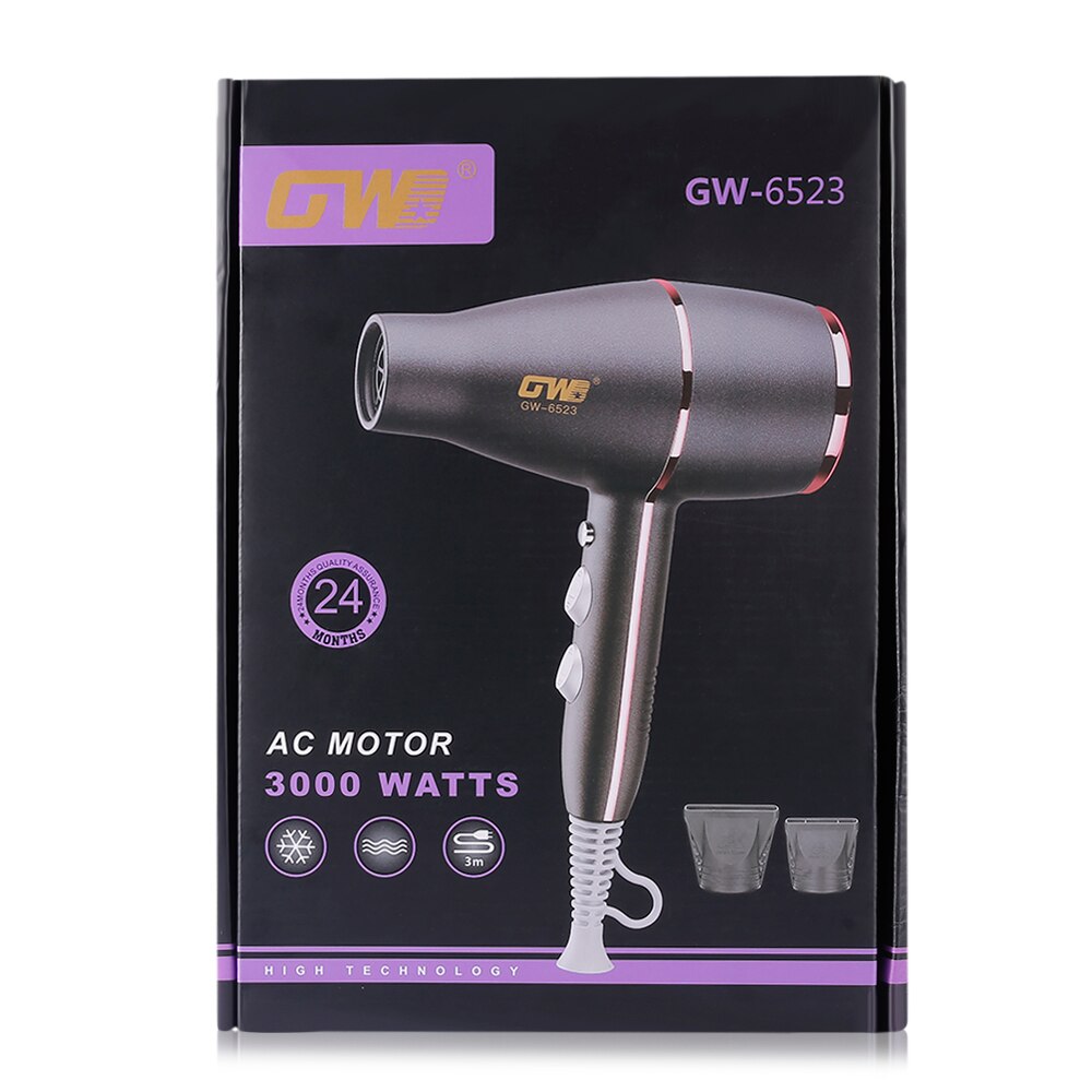 Guowei GW-6523 3000W sèche-cheveux 2 vitesses 3 réglage de la chaleur boucle suspendue concentrateur de flux d'air buse
