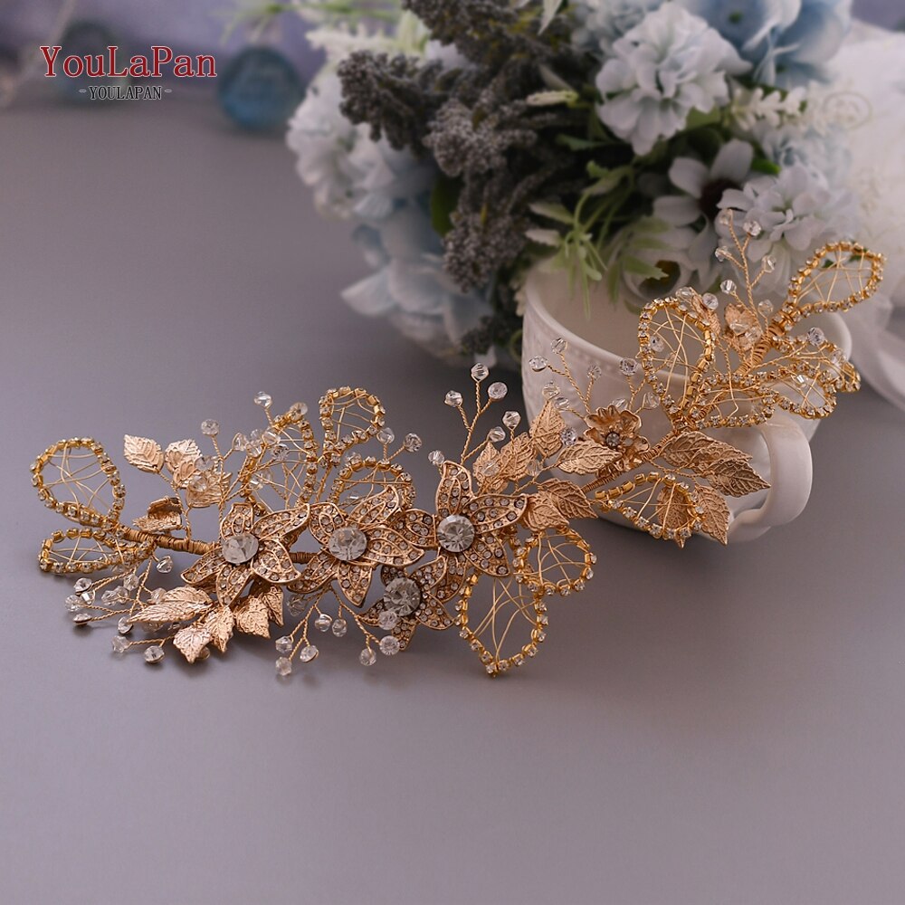 YouLaPan, cinturón Floral con diamantes de imitación, cinturón dorado para mujer, cinturón brillante, cinturones de boda para señora, cinturón nupcial con flores doradas SH282