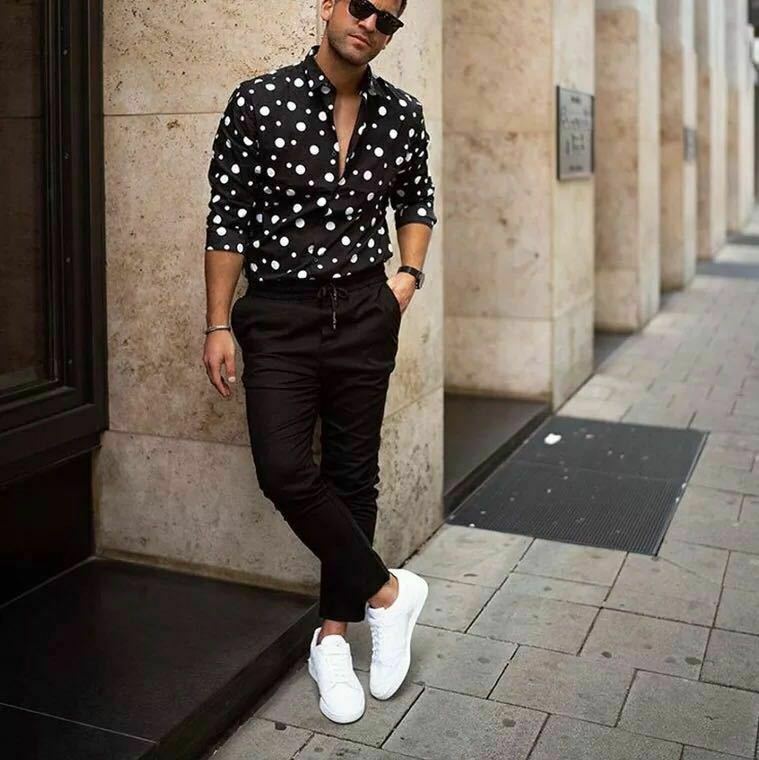 Camisa de lunares para hombre, Camisa entallada con botones, manga larga, Bohemia, para vacaciones, blusa informal camisetas, novedad de