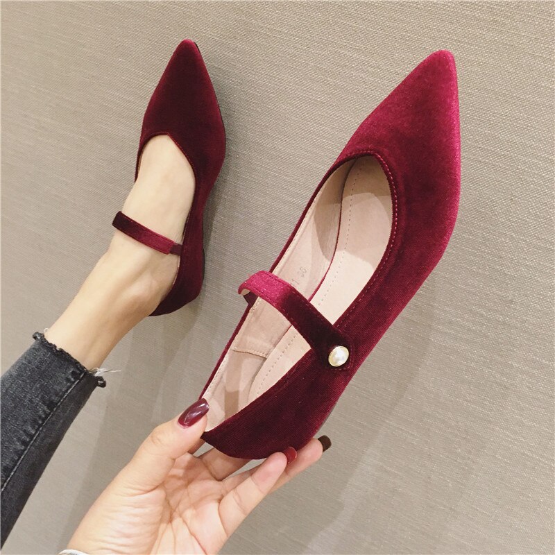 Bröllop spetsad tå flock balett lägenheter kvinnor mockasiner slip on brudtärna skor kvinnor solid grunt elastiskt band ballerina mujer: Vin, röd / 6