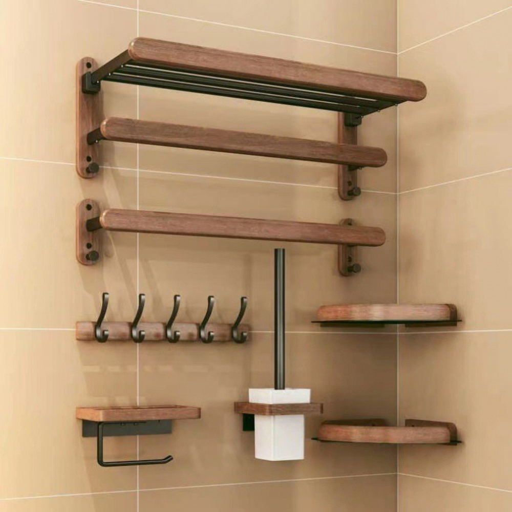 Juego de accesorios de baño de madera de nogal negro, toallero de baño, soporte de papel higiénico, estante de barra de toalla, accesorios de baño