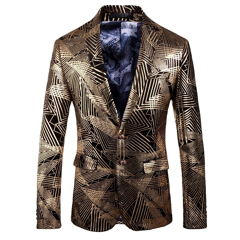 Mannen Blazer Luxe Gouden Strepen Print Business Casual Blazers Slim Fit Mannelijke Jasje DJ Zanger Prom Jacket Plus Size m-5XL