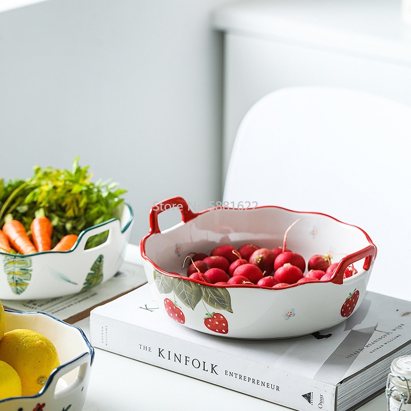 1pc Ceramic Salad Bowl with Double Handle Ramekin Baker Dinner Plate Pasta Tray Dishes Microwave Oven Safe Serving Plate