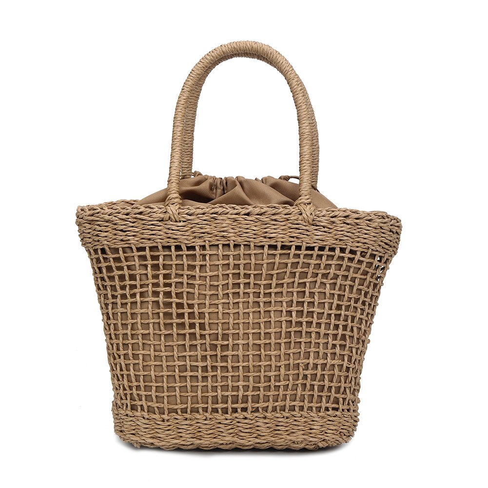 Women Hollow Retro Handbag Straw Woven Tote Large Capacity Summer Beach Shoulder Bag Party Shopping: Khaki