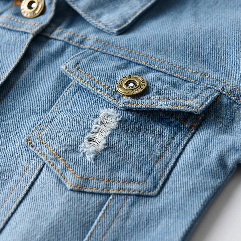 Giacca da bambino in cotone con fori per bambina primavera autunno tinta unita colletto rovesciato Jeans per bambini cappotto capispalla in Denim per bambini