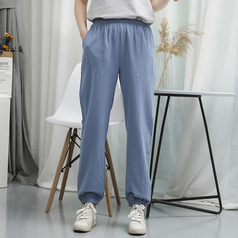 Pantalones de pijama para mujer, ropa de dormir de algodón y lino, Leggings de Color sólido, para el hogar, novedad de verano: Azul cielo / XL